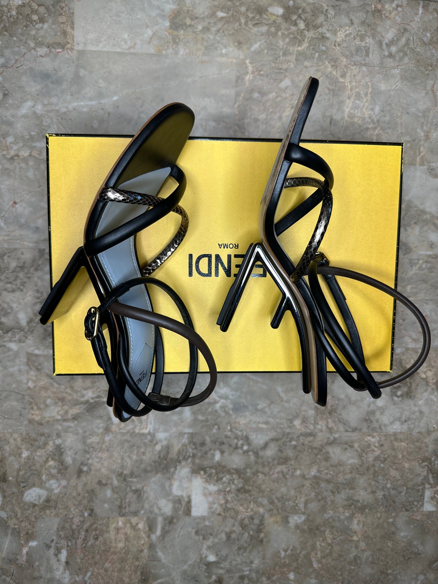 Fendi First 95 Strappy Leather Sandals – Black & Metallic Size 40