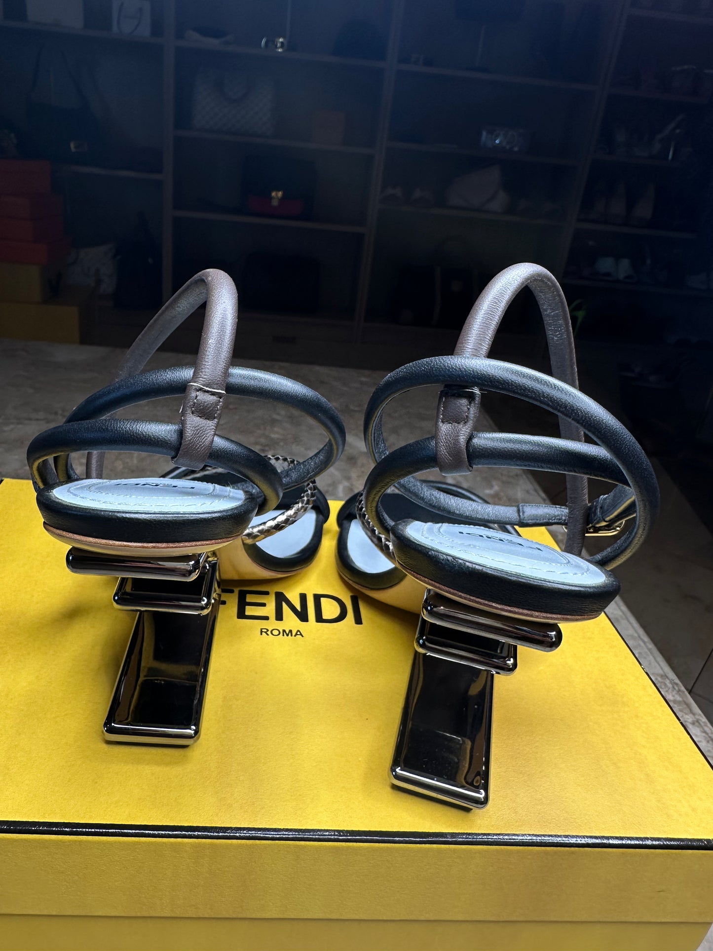 Fendi First 95 Strappy Leather Sandals – Black & Metallic Size 40