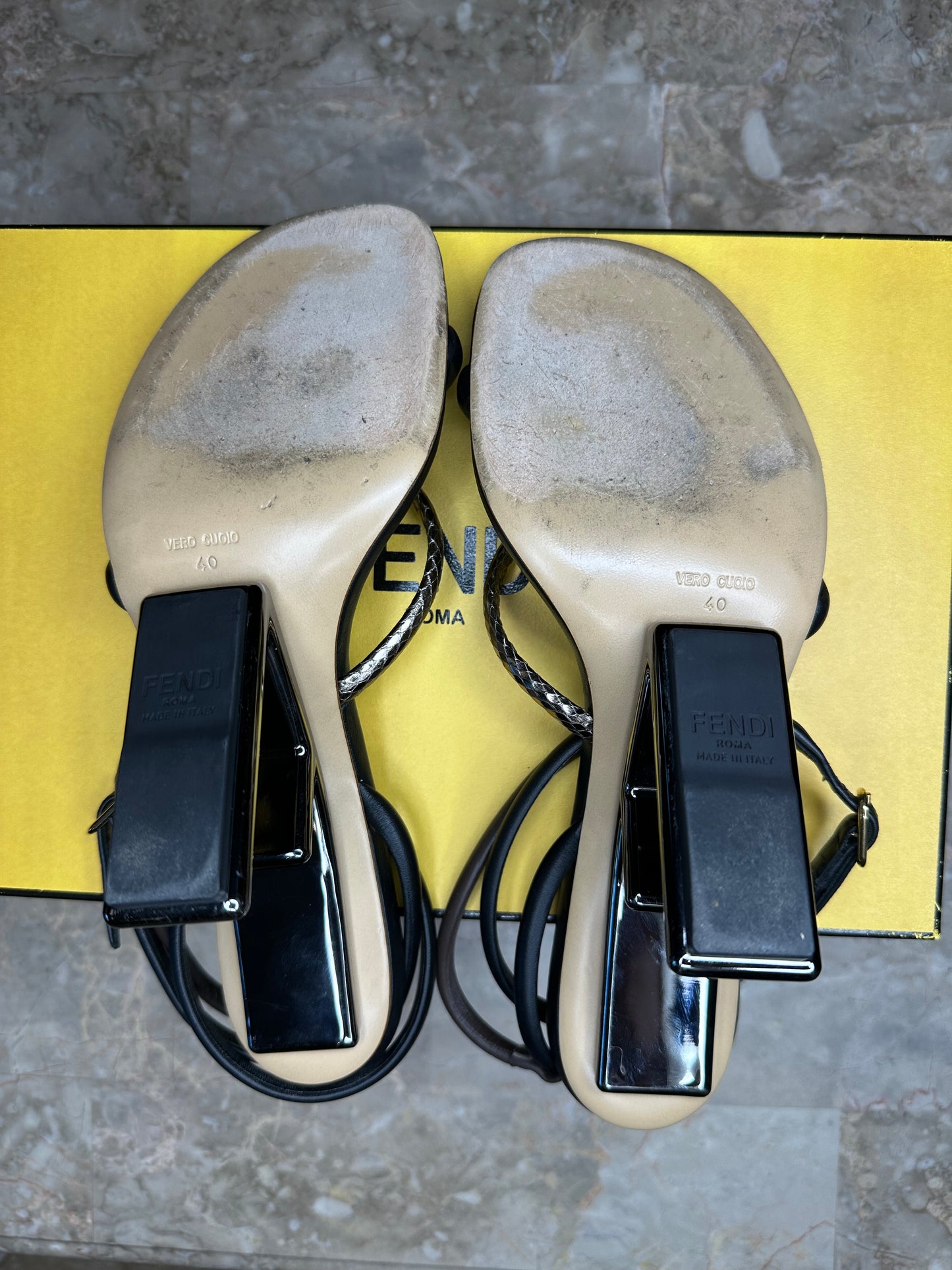 Fendi First 95 Strappy Leather Sandals – Black & Metallic Size 40