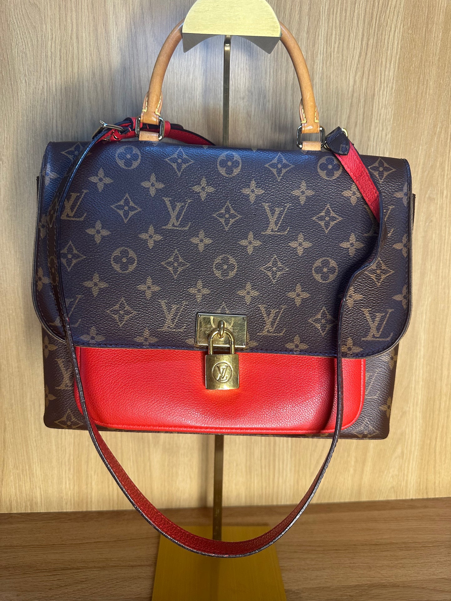 Louis Vuitton Marignan Monogram Canvas Handbag | Coquelicot Red Leather 2-Way Shoulder Bag