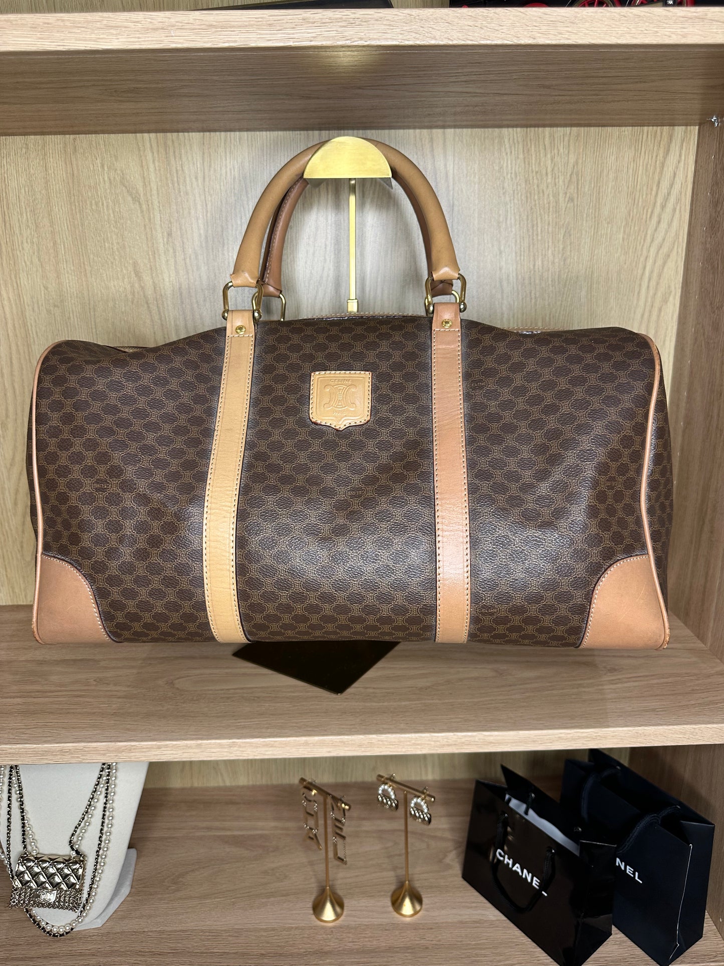 Celine Vintage Macadam Boston Bag | Brown Monogram Canvas & Leather Handbag