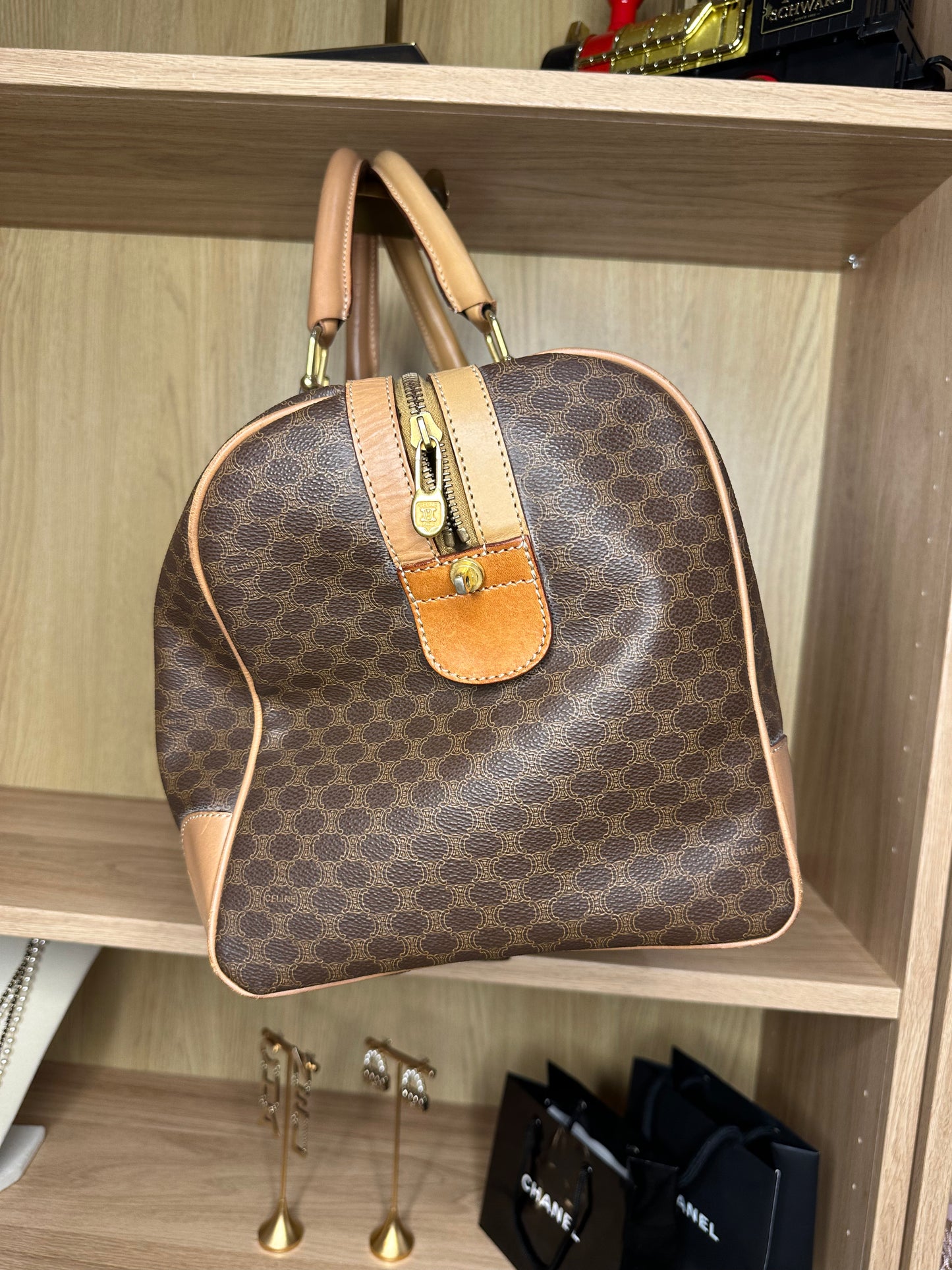 Celine Vintage Macadam Boston Bag | Brown Monogram Canvas & Leather Handbag