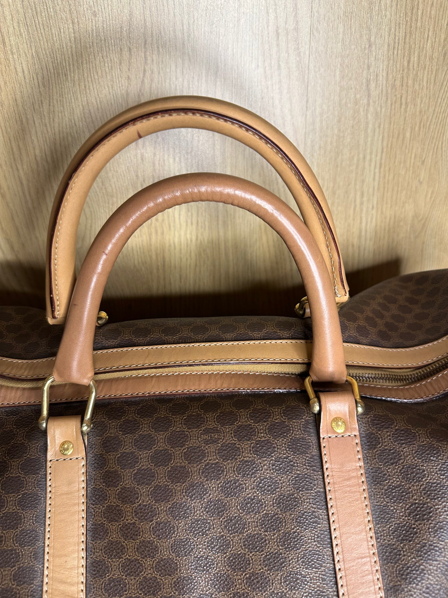 Celine Vintage Macadam Boston Bag | Brown Monogram Canvas & Leather Handbag