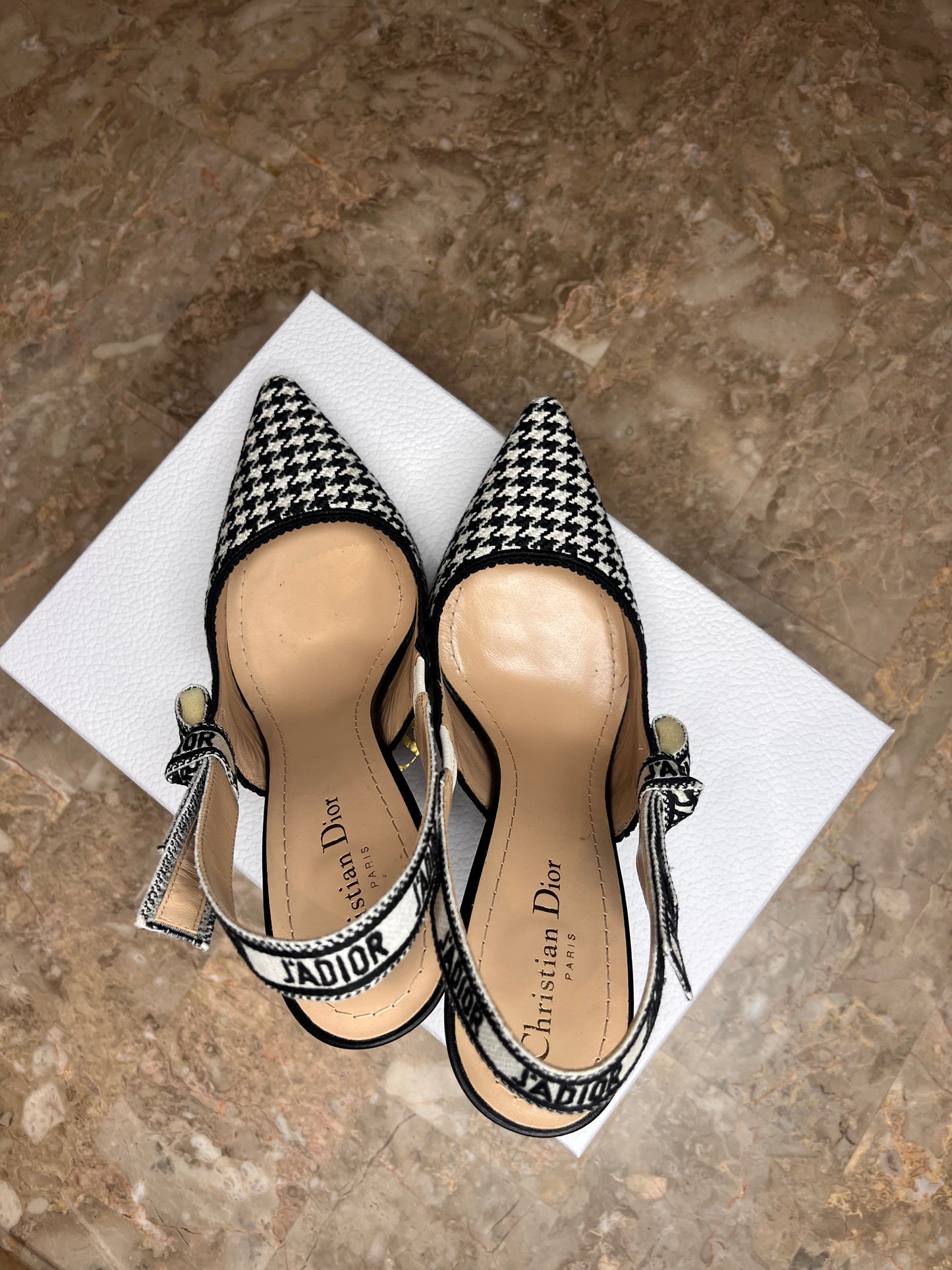 Dior J’Adior Slingback Heels Size 40 | Black & White Houndstooth Tweed Pumps | Box & Dust Bag