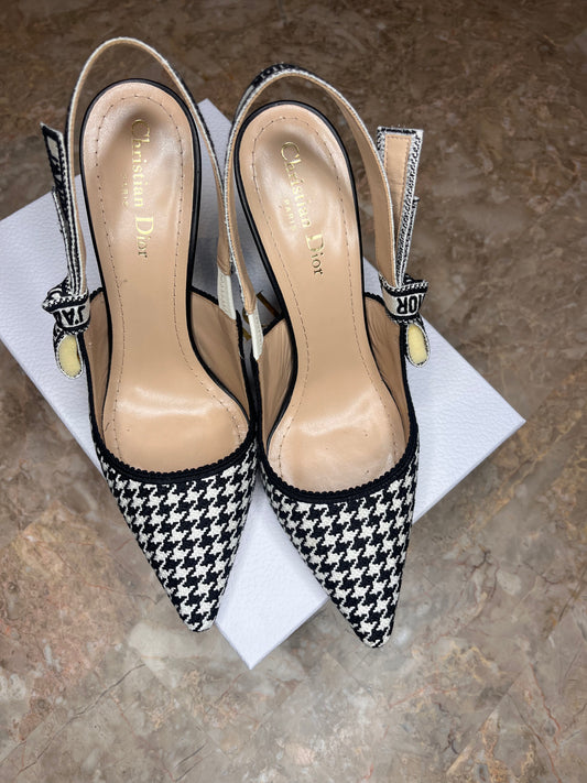 Dior J’Adior Slingback Heels Size 40 | Black & White Houndstooth Tweed Pumps | Box & Dust Bag