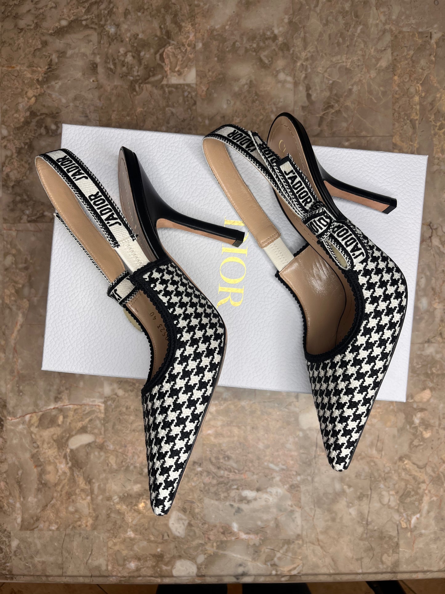 Dior J’Adior Slingback Heels Size 40 | Black & White Houndstooth Tweed Pumps | Box & Dust Bag