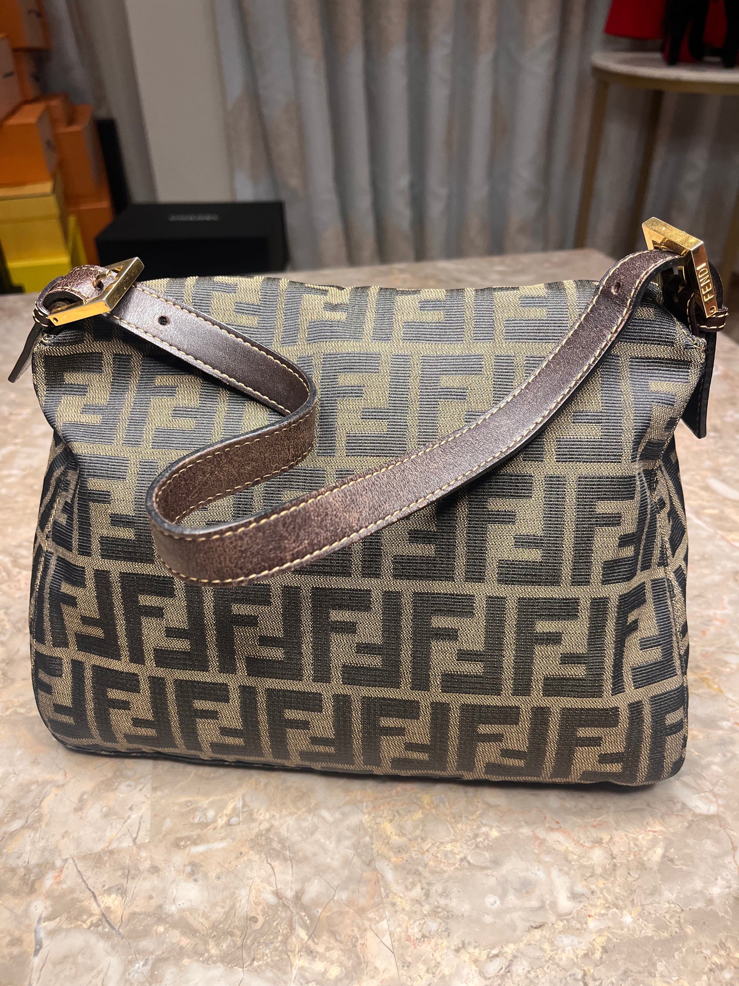 Fendi Mamma Baguette Zucca Canvas Shoulder Bag with Wallet – Vintage Brown