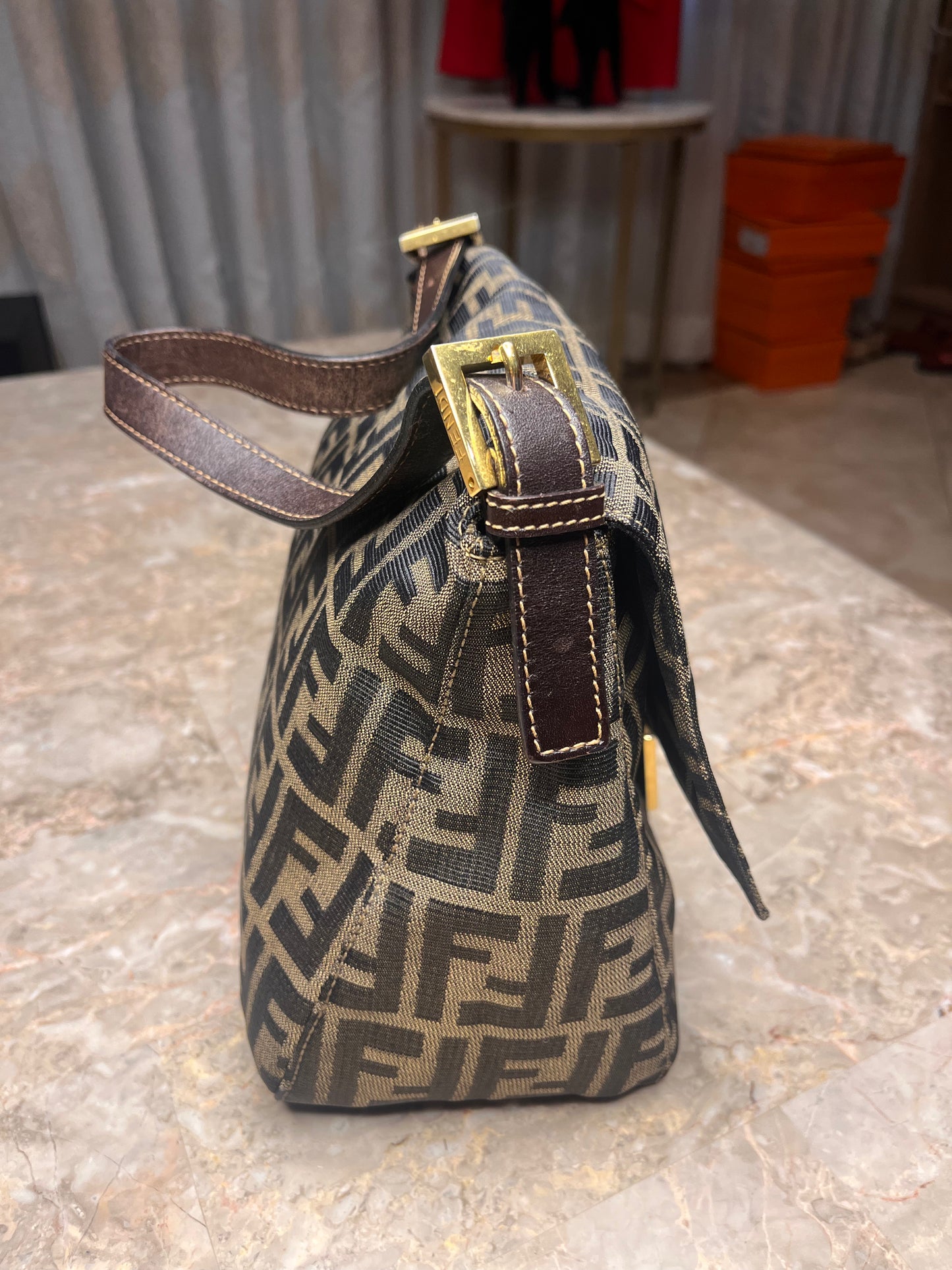Fendi Mamma Baguette Zucca Canvas Shoulder Bag with Wallet – Vintage Brown