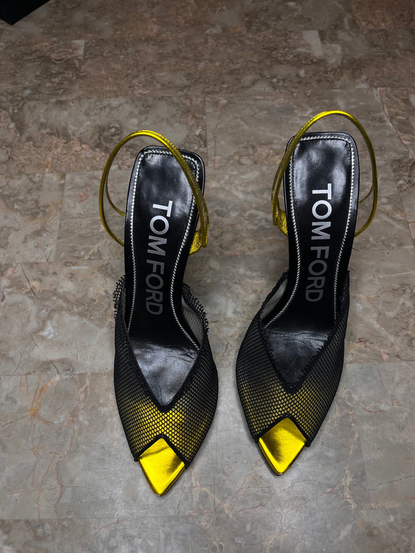 Tom Ford Black Mesh Slingback Heels with Metallic Yellow Cap Toe – Women’s Size 40