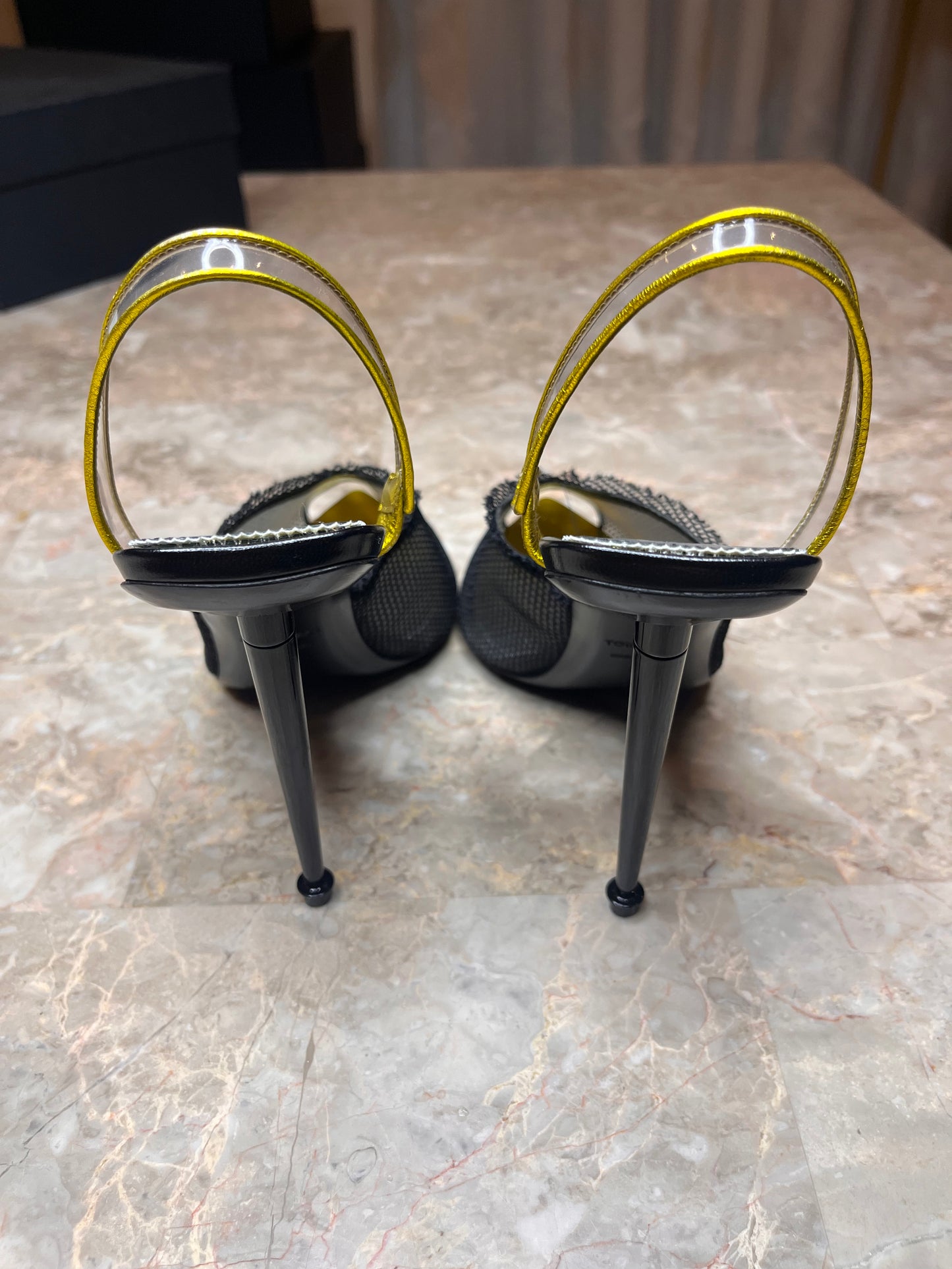Tom Ford Black Mesh Slingback Heels with Metallic Yellow Cap Toe – Women’s Size 40