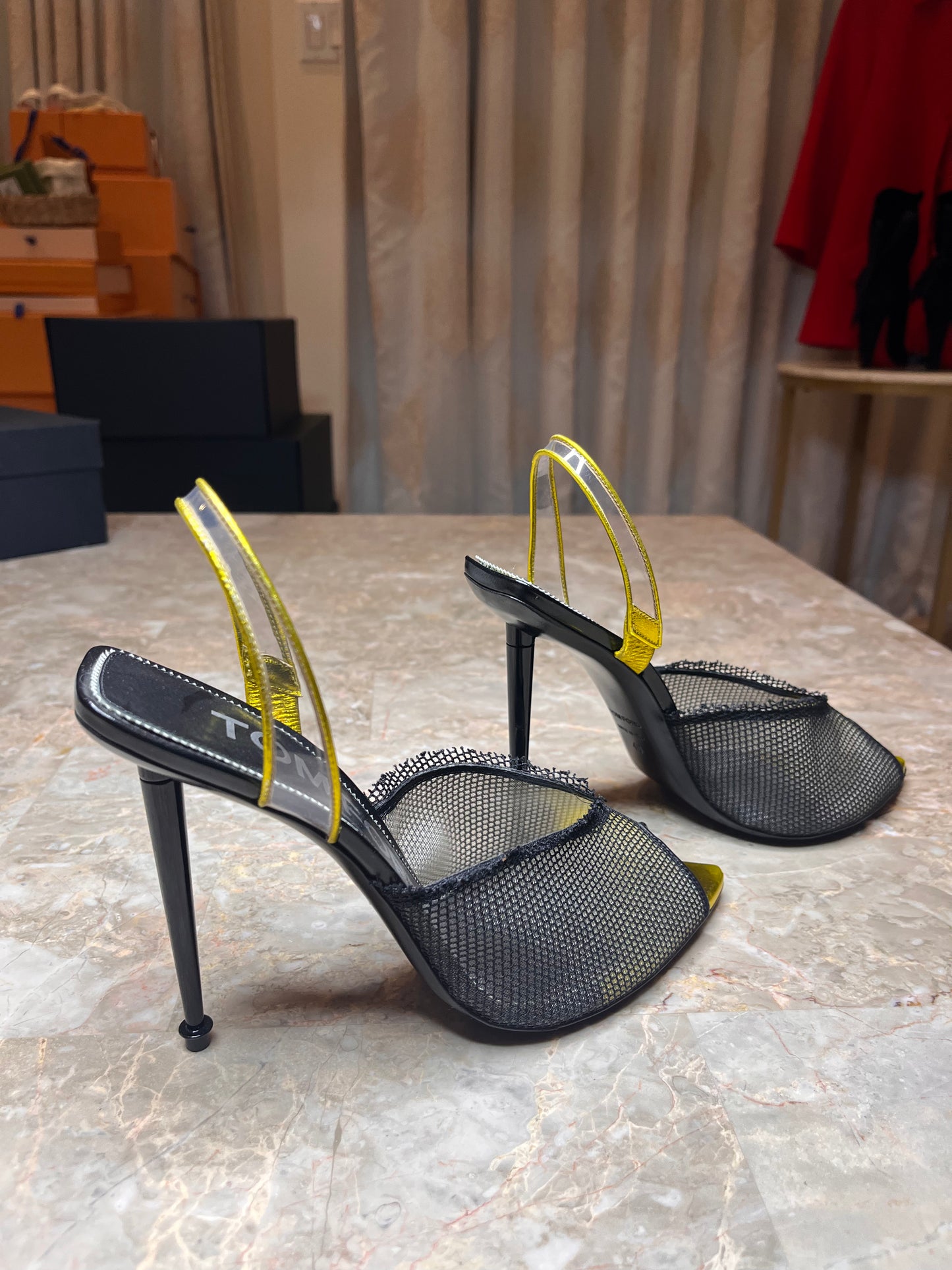 Tom Ford Black Mesh Slingback Heels with Metallic Yellow Cap Toe – Women’s Size 40