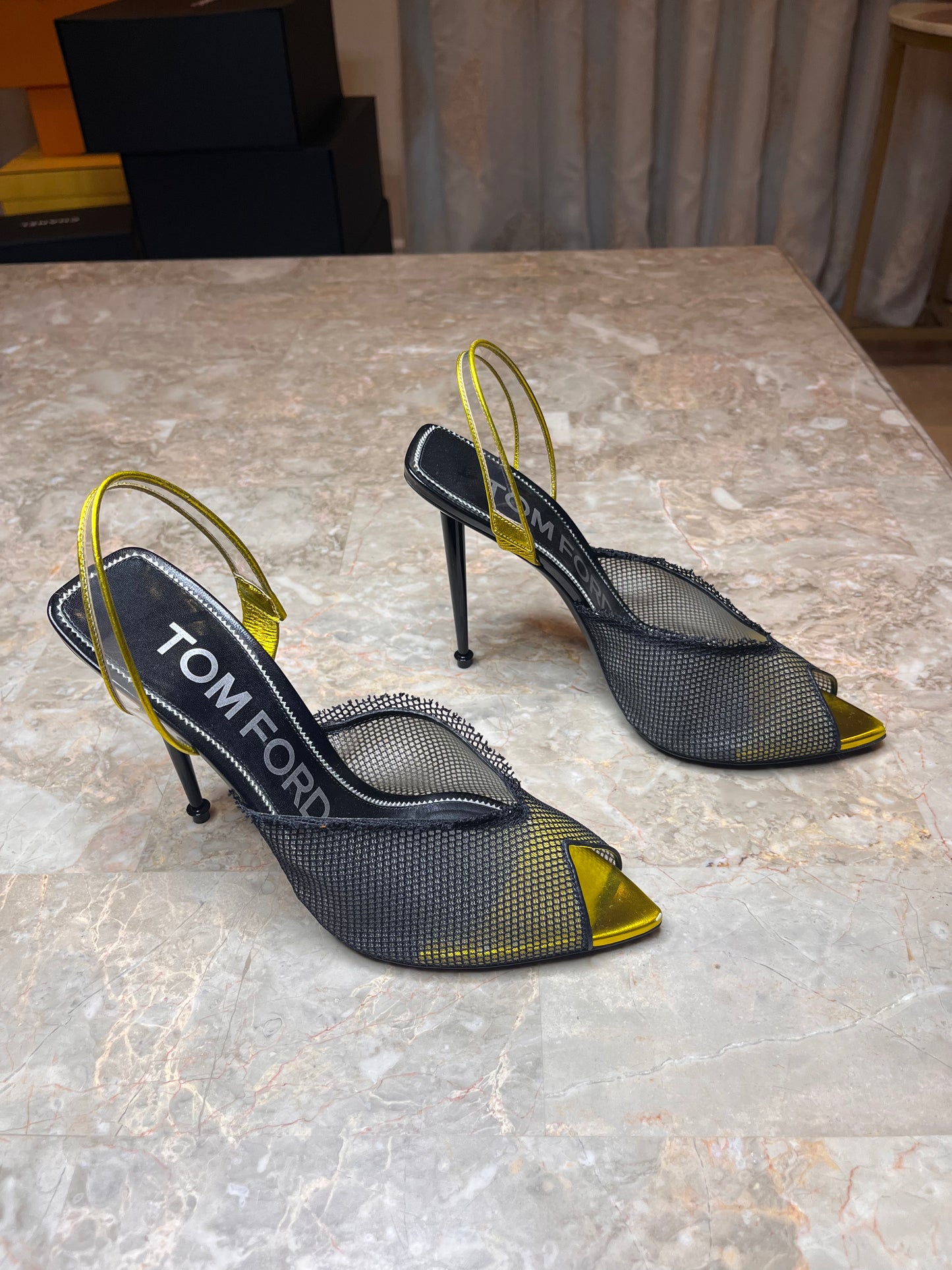 Tom Ford Black Mesh Slingback Heels with Metallic Yellow Cap Toe – Women’s Size 40