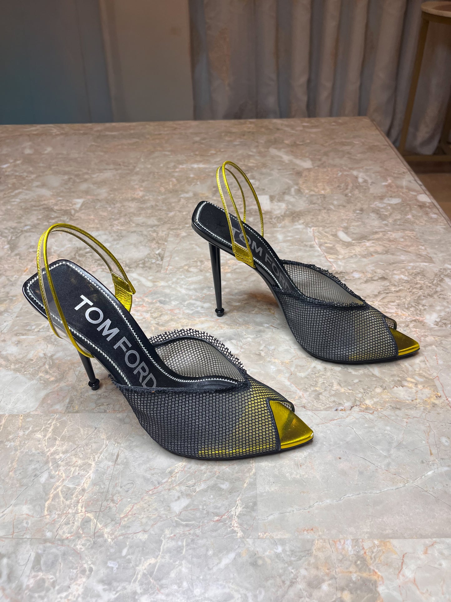 Tom Ford Black Mesh Slingback Heels with Metallic Yellow Cap Toe – Women’s Size 40