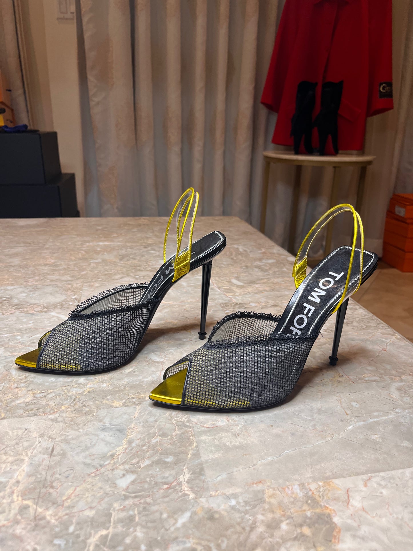 Tom Ford Black Mesh Slingback Heels with Metallic Yellow Cap Toe – Women’s Size 40