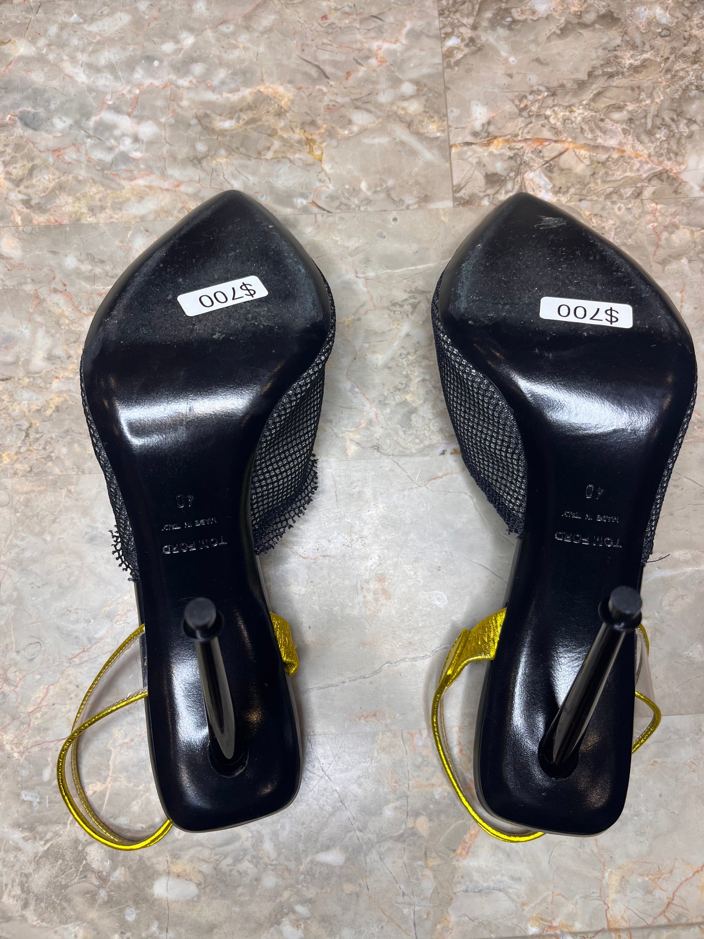 Tom Ford Black Mesh Slingback Heels with Metallic Yellow Cap Toe – Women’s Size 40