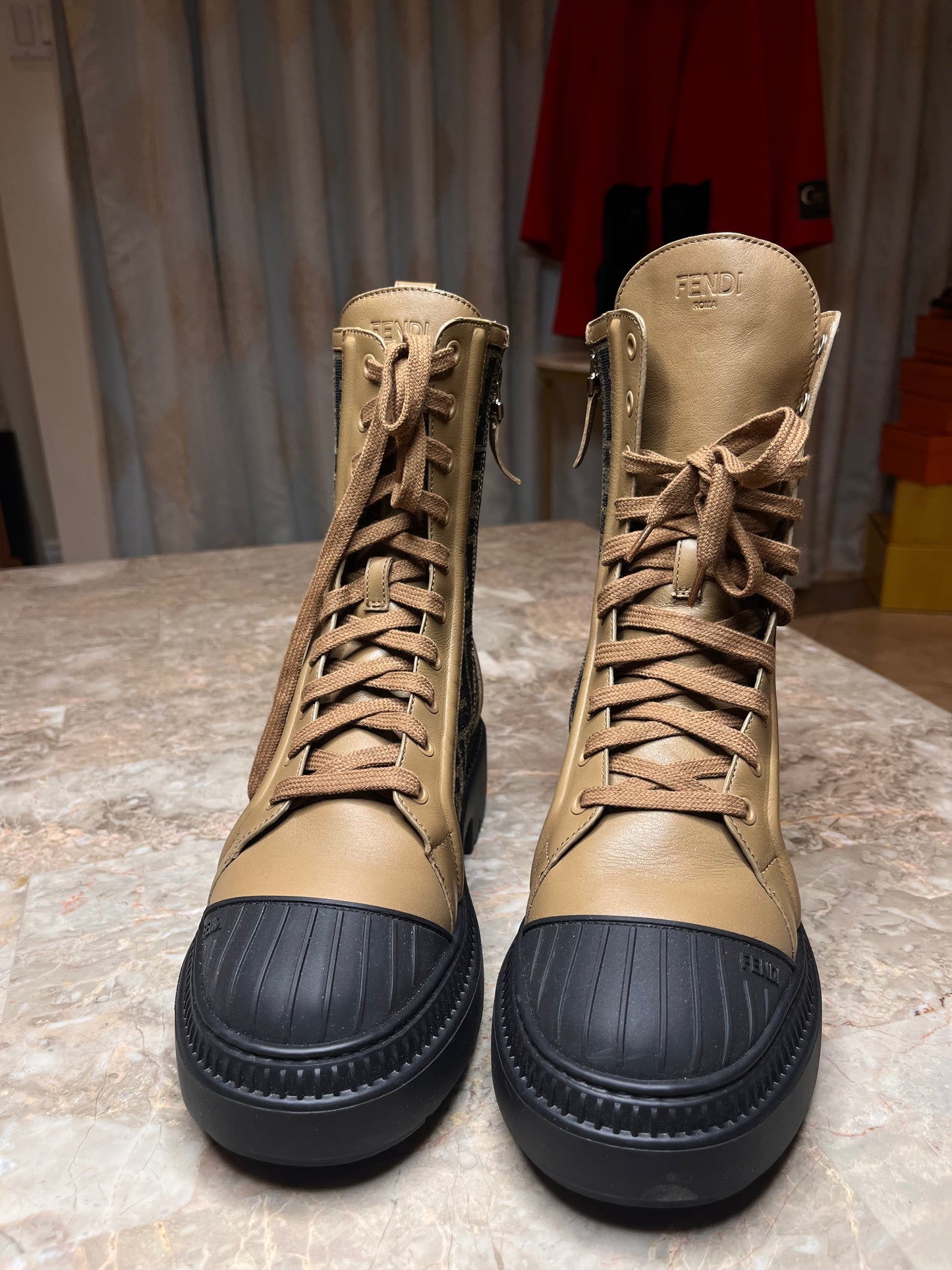 Fendi Domino FF Logo Combat Ankle Boots Beige Leather – Women’s Size 39