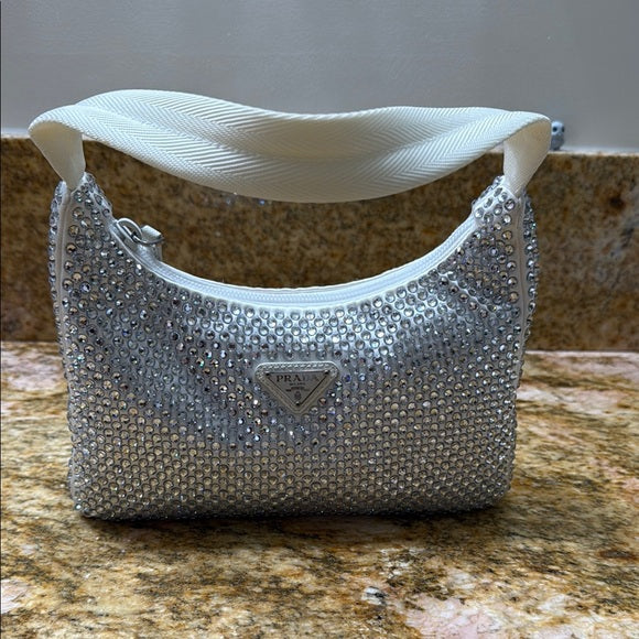 Prada Silver and White Shoulder Bag with Crystal Embellishments