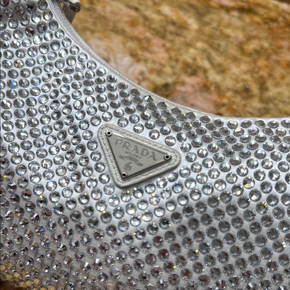 Prada Silver and White Shoulder Bag with Crystal Embellishments