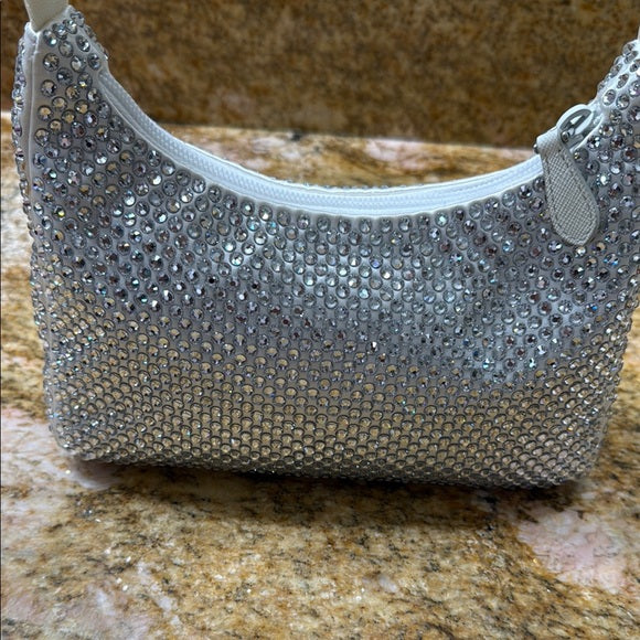 Prada Silver and White Shoulder Bag with Crystal Embellishments