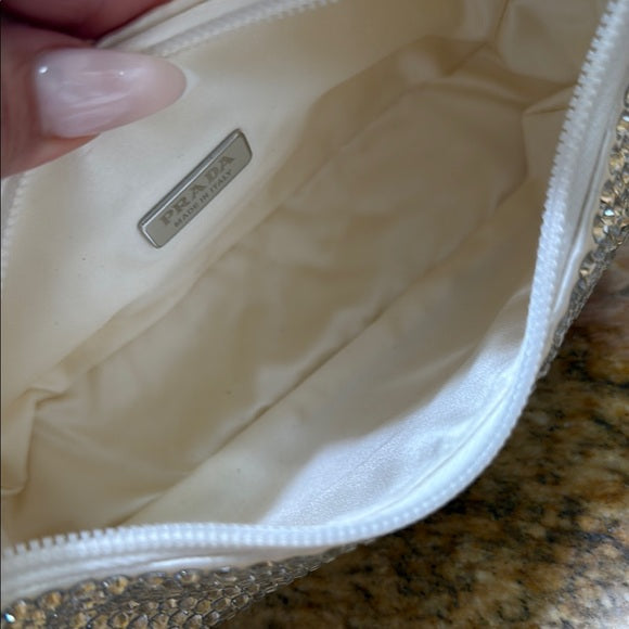 Prada Silver and White Shoulder Bag with Crystal Embellishments