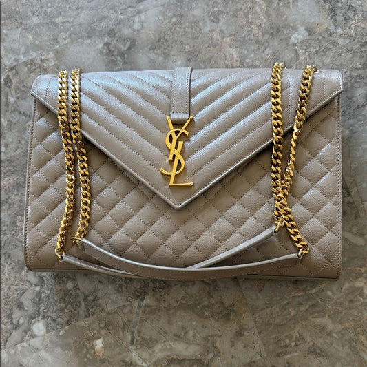 (New) Yves Saint Laurent Taupe Quilted Large Envelope Shoulder Bag