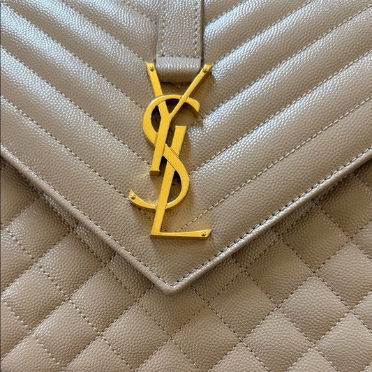 (New) Yves Saint Laurent Taupe Quilted Large Envelope Shoulder Bag