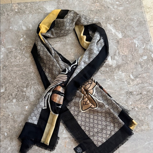 GUCCI Black, Gold & Gray GG Supreme Wool Scarf – New (No Tags)