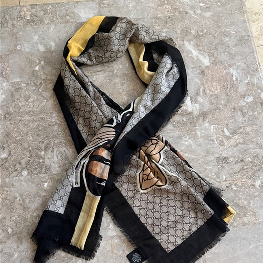 GUCCI Black, Gold & Gray GG Supreme Wool Scarf – New (No Tags)