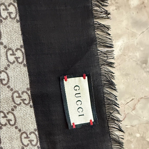 GUCCI Black, Gold & Gray GG Supreme Wool Scarf – New (No Tags)