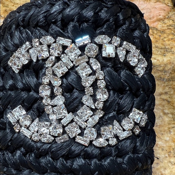 Chanel Black Woven Raffia Crystal CC Slide Sandals – Size 40 (Very Good Condition, With Box & Dust Bag)