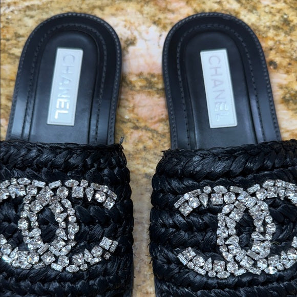 Chanel Black Woven Raffia Crystal CC Slide Sandals – Size 40 (Very Good Condition, With Box & Dust Bag)