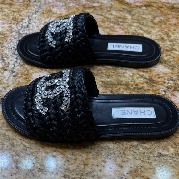 Chanel Black Woven Raffia Crystal CC Slide Sandals – Size 40 (Very Good Condition, With Box & Dust Bag)