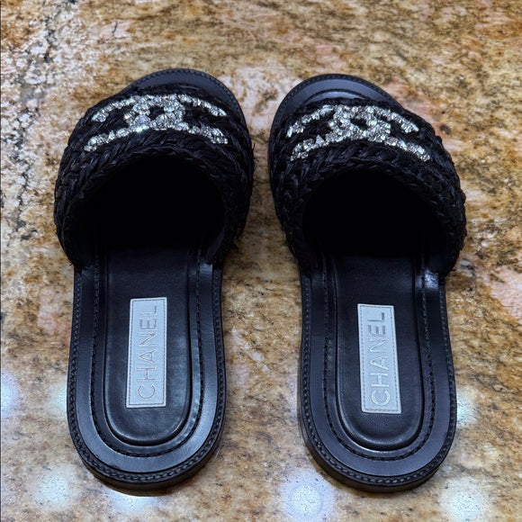 Chanel Black Woven Raffia Crystal CC Slide Sandals – Size 40 (Very Good Condition, With Box & Dust Bag)
