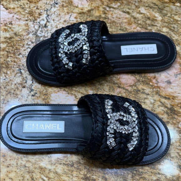 Chanel Black Woven Raffia Crystal CC Slide Sandals – Size 40 (Very Good Condition, With Box & Dust Bag)