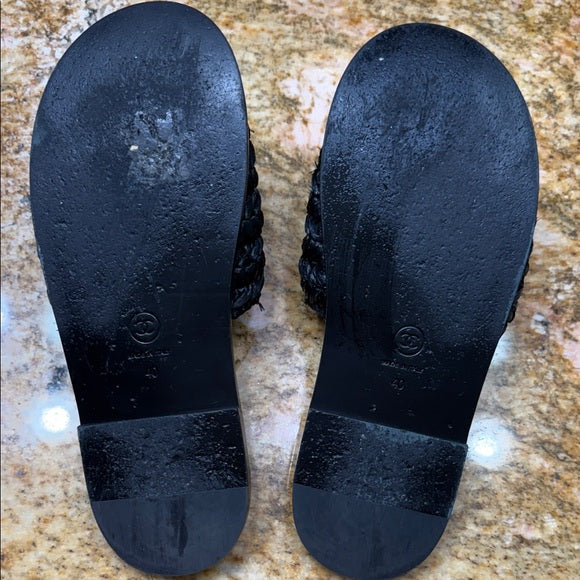 Chanel Black Woven Raffia Crystal CC Slide Sandals – Size 40 (Very Good Condition, With Box & Dust Bag)