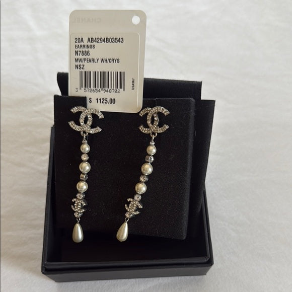 CHANEL Silver & Pearl Crystal Drop Earrings – Never Worn