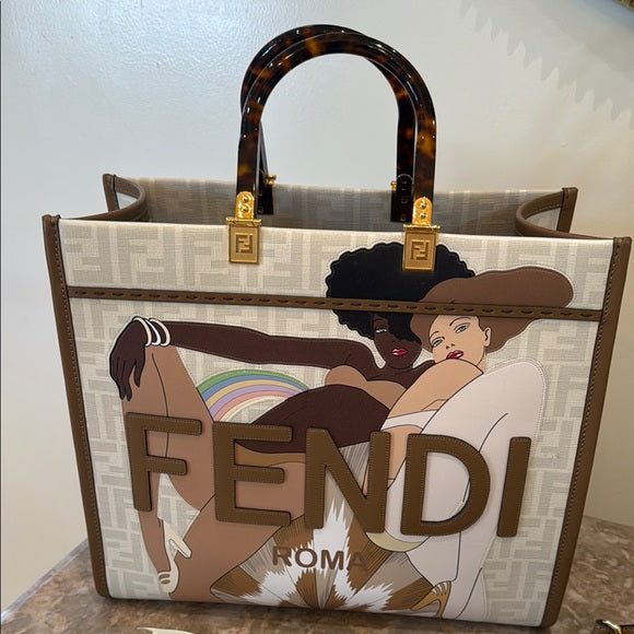 Fendi Medium Sunshine Shopper Tote – Antonio Lopez “Bikini Girls” Print, Brown Canvas, New with Dust Bag & Authenticity Card
