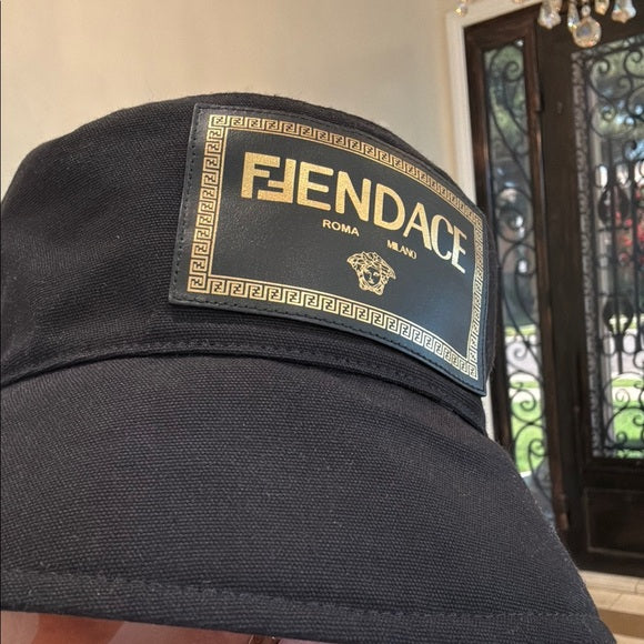 FENDI x VERSACE “FENDACE” Black and Gold Canvas Logo Bucket Hat