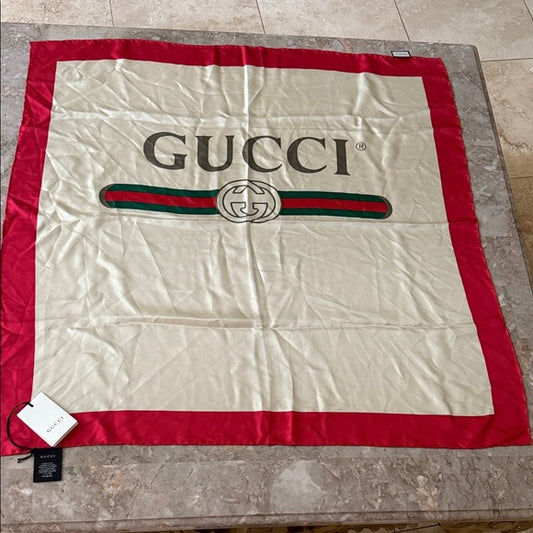 GUCCI Red & Cream Logo Silk Scarf (New)
