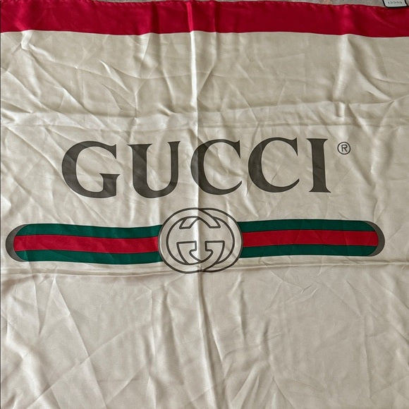 GUCCI Red & Cream Logo Silk Scarf (New)