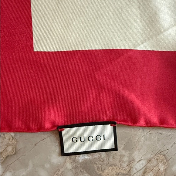 GUCCI Red & Cream Logo Silk Scarf (New)