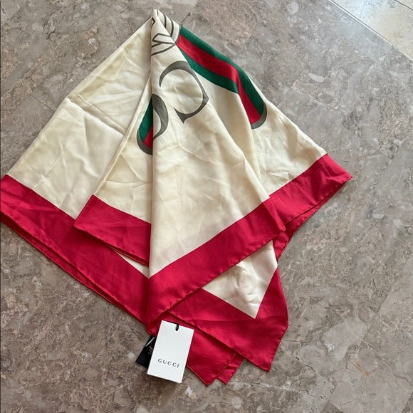 GUCCI Red & Cream Logo Silk Scarf (New)