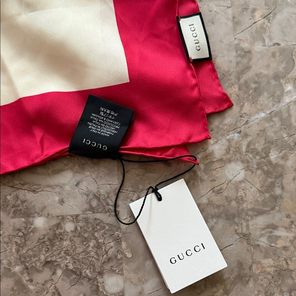 GUCCI Red & Cream Logo Silk Scarf (New)