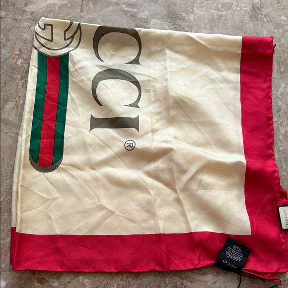 GUCCI Red & Cream Logo Silk Scarf (New)