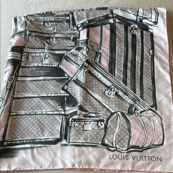 LOUIS VUITTON Pink & Gray Luggage Print Silk Bandeau Scarf (kept unused) no tags attached