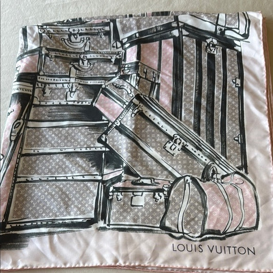 LOUIS VUITTON Pink & Gray Luggage Print Silk Bandeau Scarf (kept unused) no tags attached