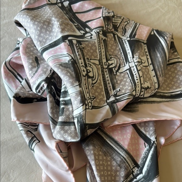 LOUIS VUITTON Pink & Gray Luggage Print Silk Bandeau Scarf (kept unused) no tags attached