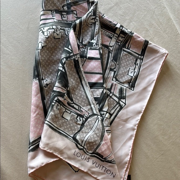 LOUIS VUITTON Pink & Gray Luggage Print Silk Bandeau Scarf (kept unused) no tags attached