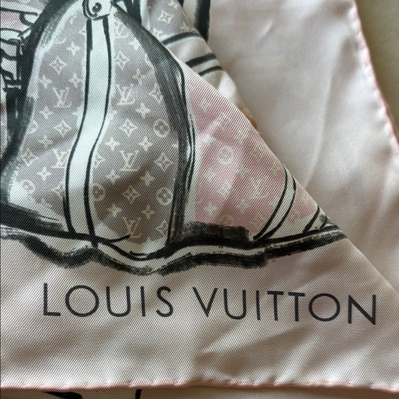 LOUIS VUITTON Pink & Gray Luggage Print Silk Bandeau Scarf (kept unused) no tags attached