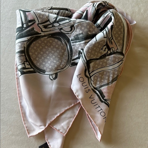 LOUIS VUITTON Pink & Gray Luggage Print Silk Bandeau Scarf (kept unused) no tags attached